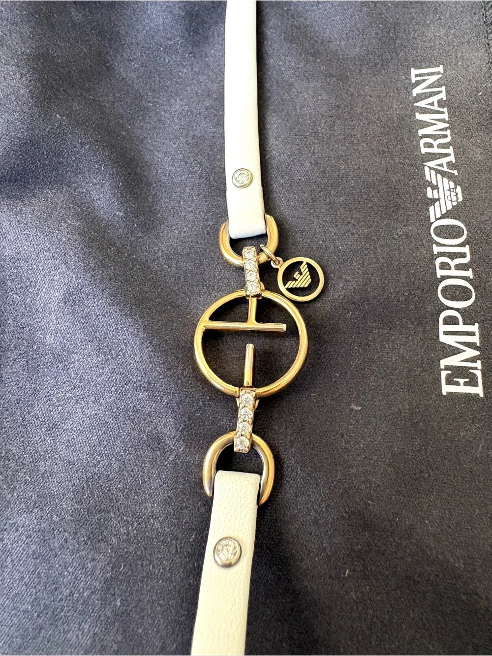 Emporio Armani White Leather Bracelet with Gold Crystal-Embellished Hardware